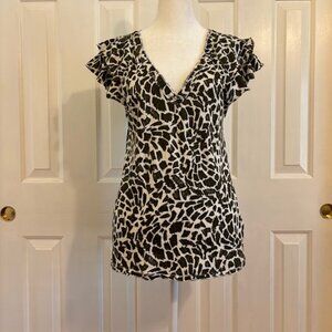 Maeve by Anthropology Olive Green Print Organic Cotton Flutter Sleeve Top Sz XS